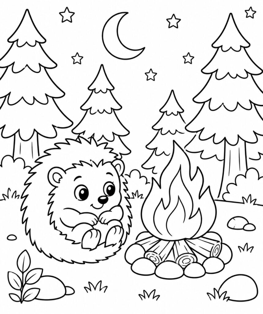 Igel am Lagerfeuer – Ausmalbild zum Ausdrucken