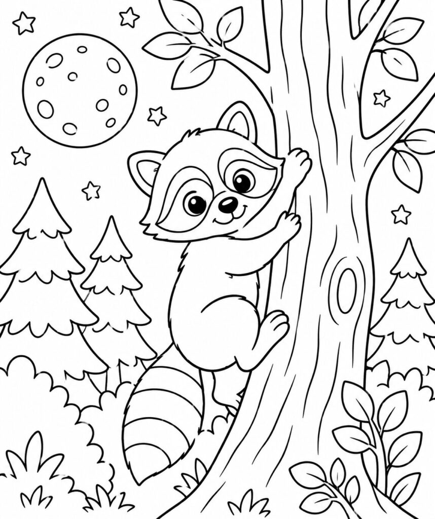 Waschbär klettert auf den Baum – Ausmalbild zum Ausdrucken
