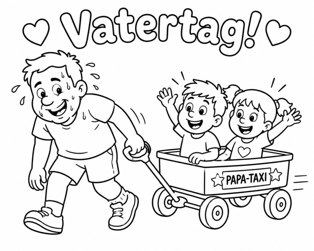 Erschöpfter Papa zieht den Bollerwagen – Ausmalbild zum Ausdrucken