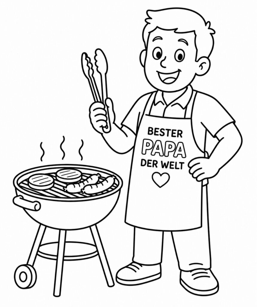 Papa am Grill mit Schürze – Ausmalbild zum Ausdrucken