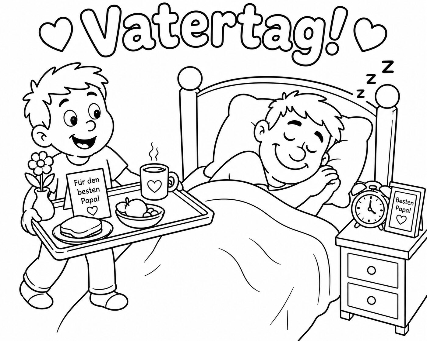 Kind bringt Papa Fruehstueck ans Bett Vatertag Ausmalbild Kostenlos Ausdrucken
