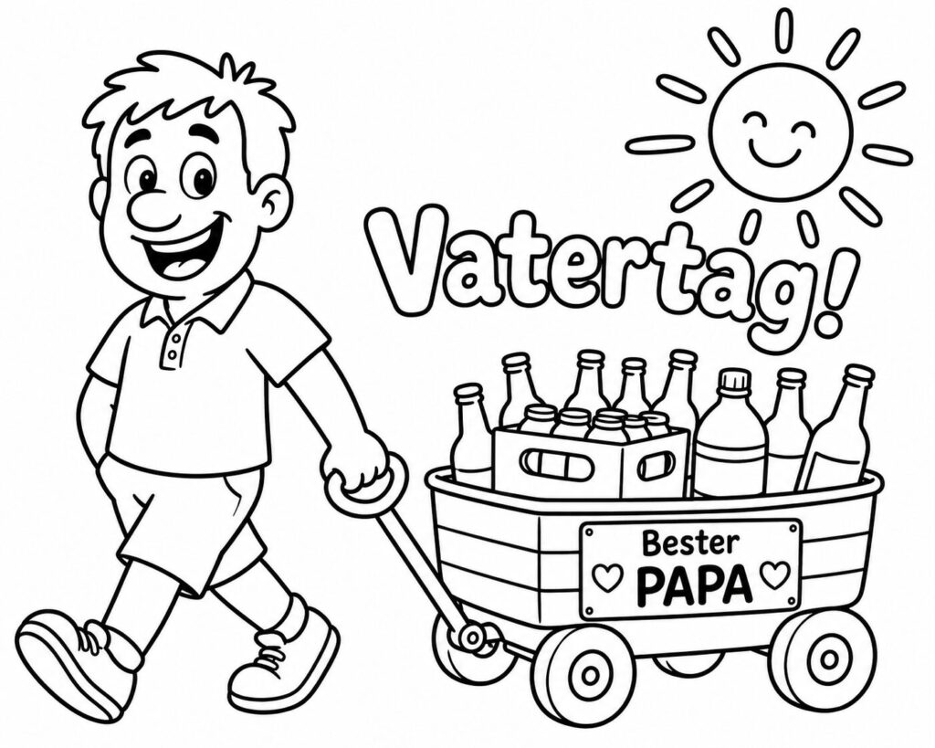 Papa mit Bollerwagen voller Getränke – Ausmalbild zum Ausdrucken