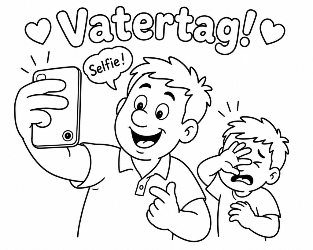 Papa macht ein Selfie verkehrt herum – Ausmalbild zum Ausdrucken