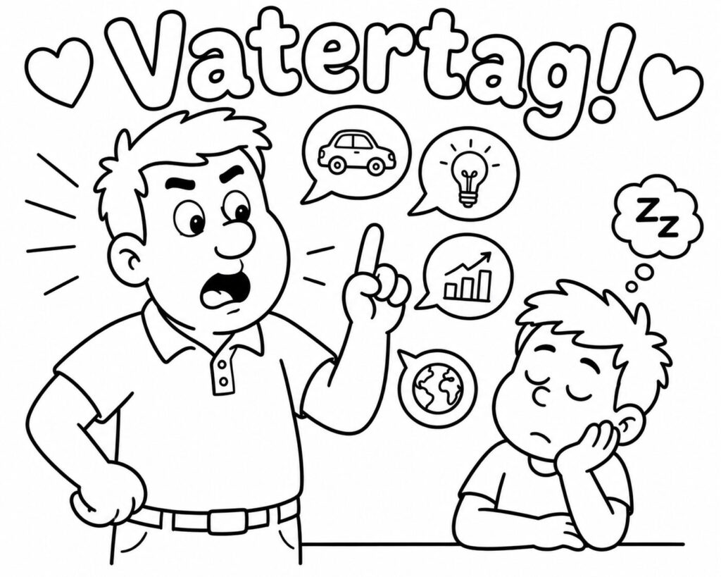 Papa erklärt mit erhobenem Zeigefinger – Ausmalbild zum Ausdrucken