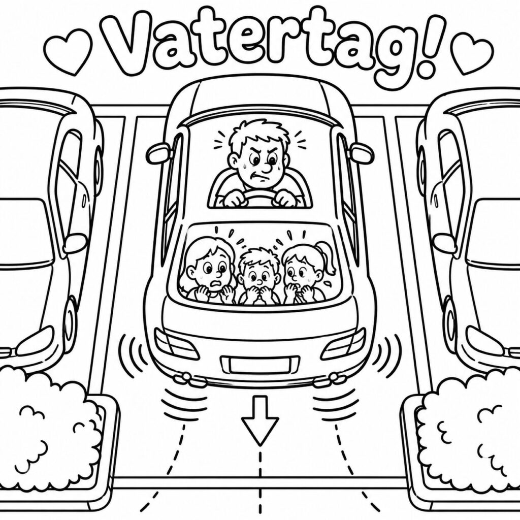 Papa parkt rückwärts ein – Ausmalbild zum Ausdrucken