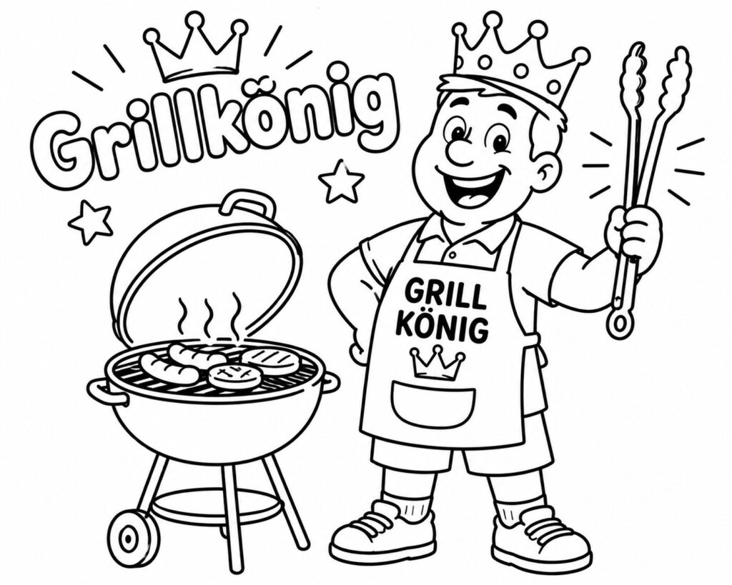 Grillkönig mit Krone und Grillzange – Ausmalbild zum Ausdrucken