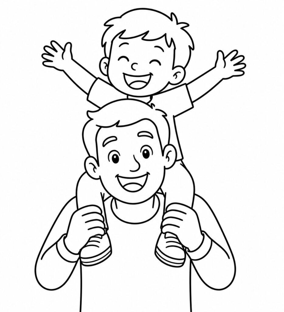 Papa trägt sein Kind auf den Schultern – Ausmalbild zum Ausdrucken
