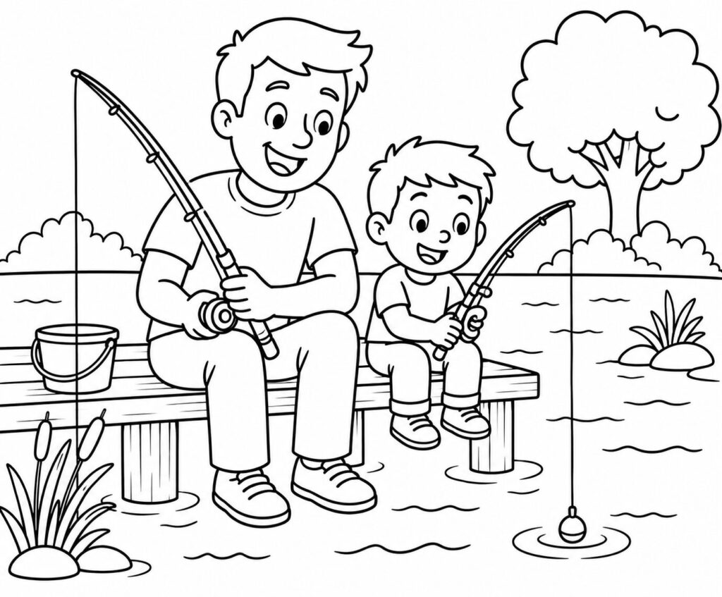 Angeln am See mit Papa – Ausmalbild zum Ausdrucken