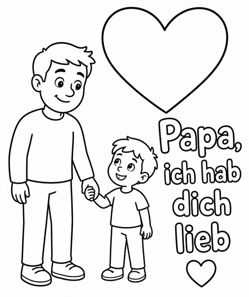 Papa und Kind halten Händchen – Ausmalbild zum Ausdrucken