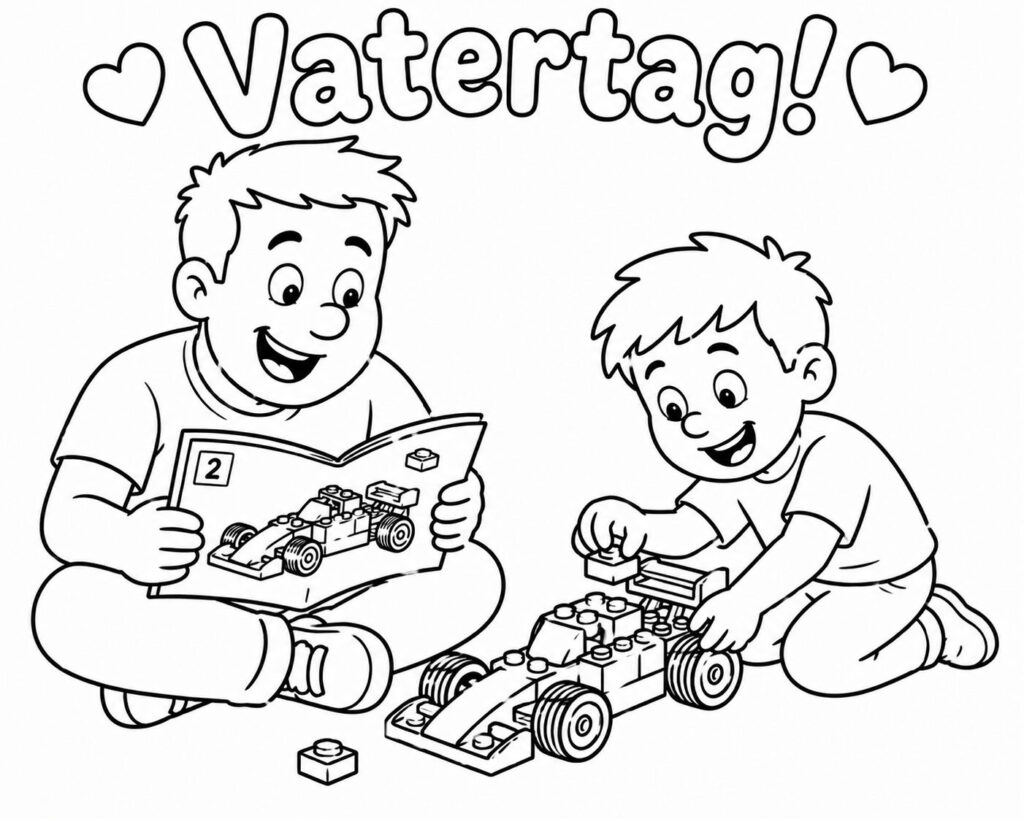 Papa und Sohn bauen ein Lego-Rennauto – Ausmalbild zum Ausdrucken