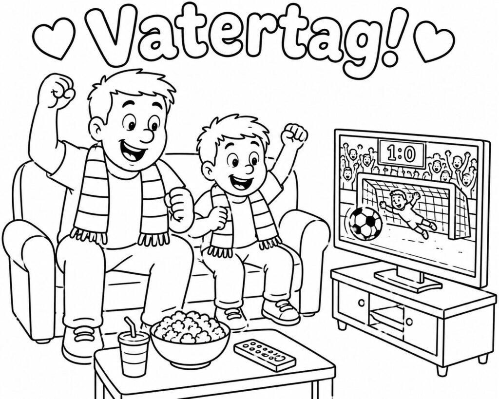 Papa und Sohn jubeln beim Fußball – Ausmalbild zum Ausdrucken