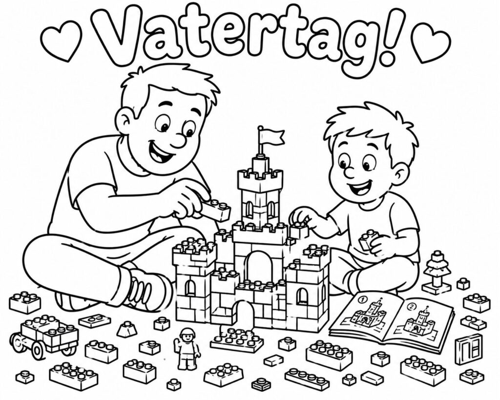 Papa und Sohn bauen ein Lego-Set – Ausmalbild zum Ausdrucken