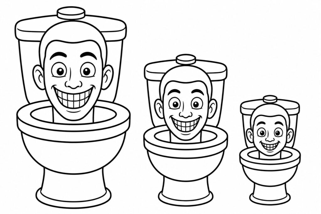 Skibidi Toilet Familie in Reihe – Ausmalbild zum Ausdrucken