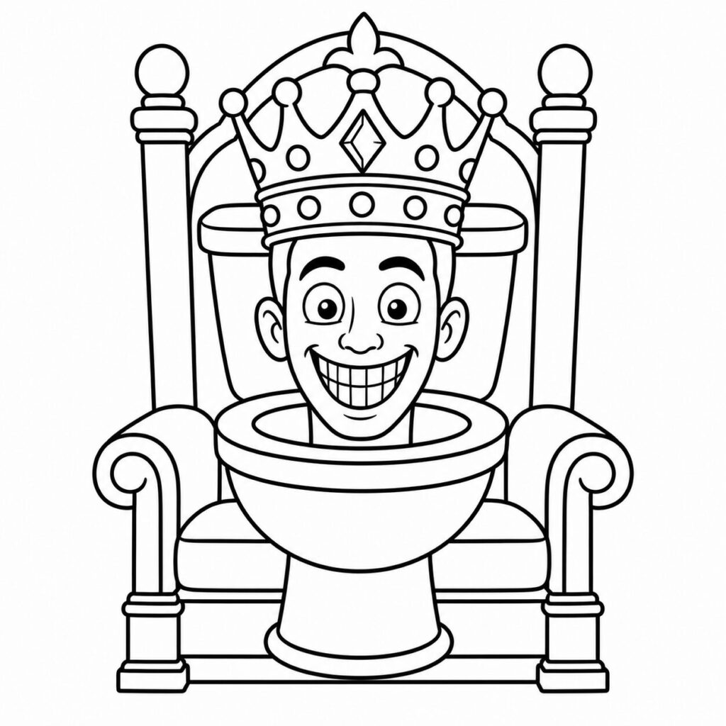 Skibidi Toilet mit Krone auf dem Thron – Ausmalbild zum Ausdrucken