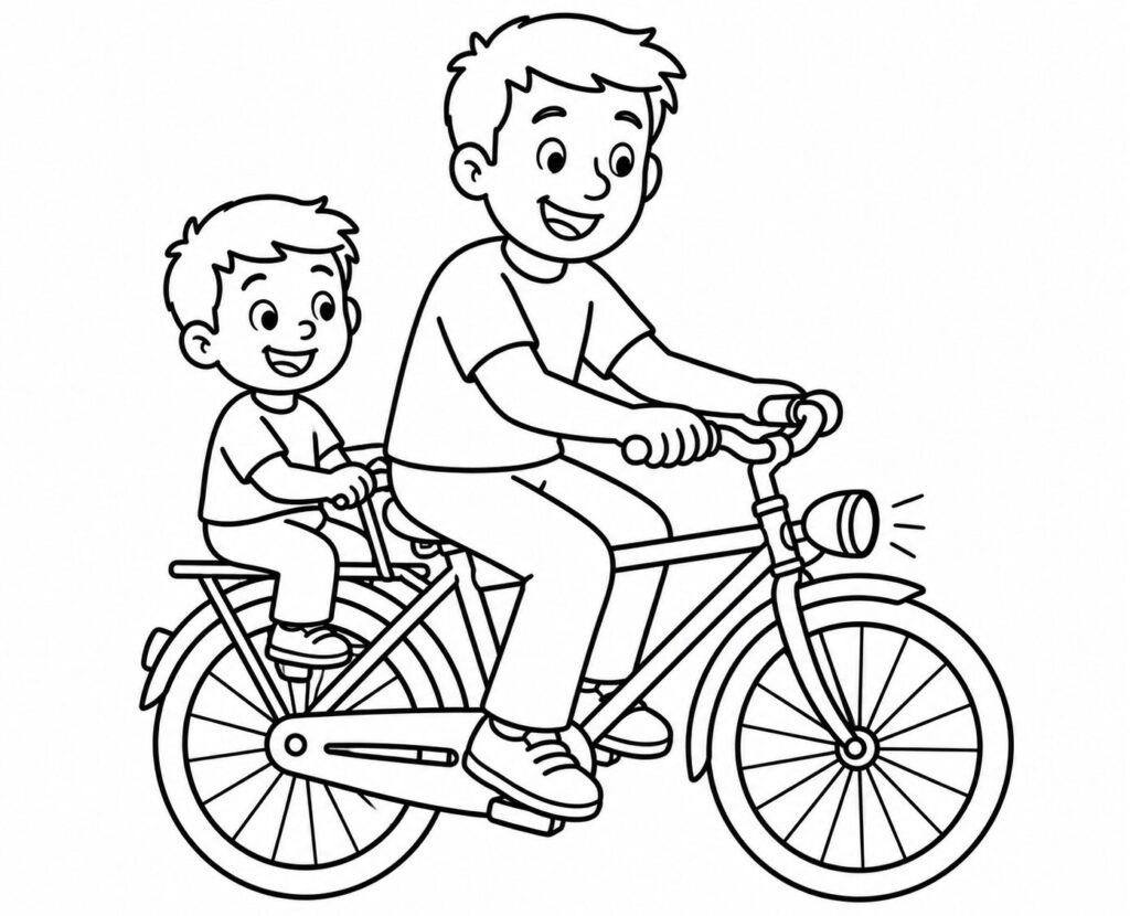 Papa und Sohn auf dem Fahrrad – Ausmalbild zum Ausdrucken