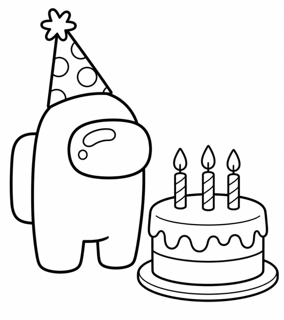 Among Us Crewmate feiert Geburtstag – Ausmalbild zum Ausdrucken
