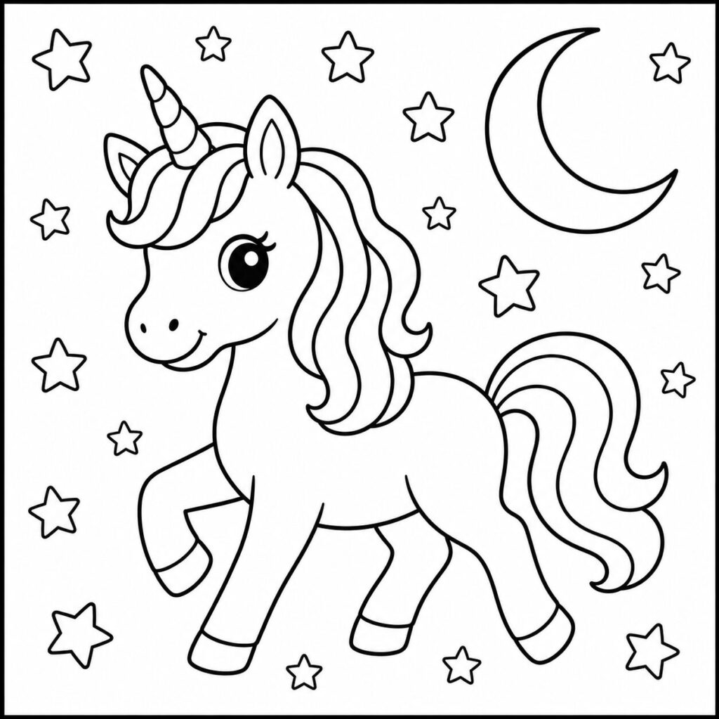 Einhorn mit Blumenkranz – Ausmalbild zum Ausdrucken