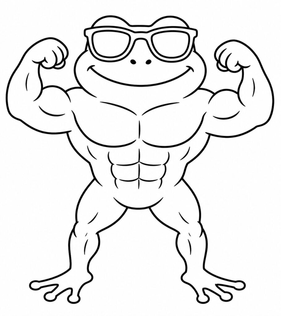 Starker Frosch im Brainrot-Stil – Ausmalbild zum Ausdrucken