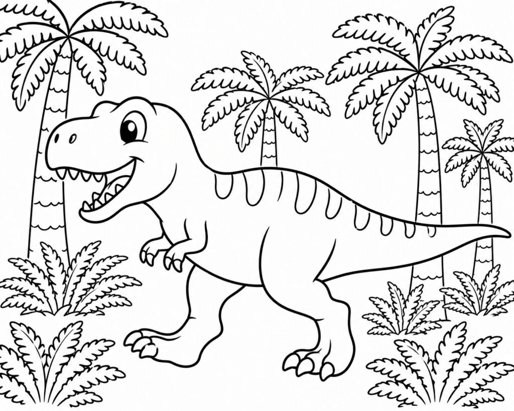 T-Rex vor dem Vulkan – Ausmalbild zum Ausdrucken