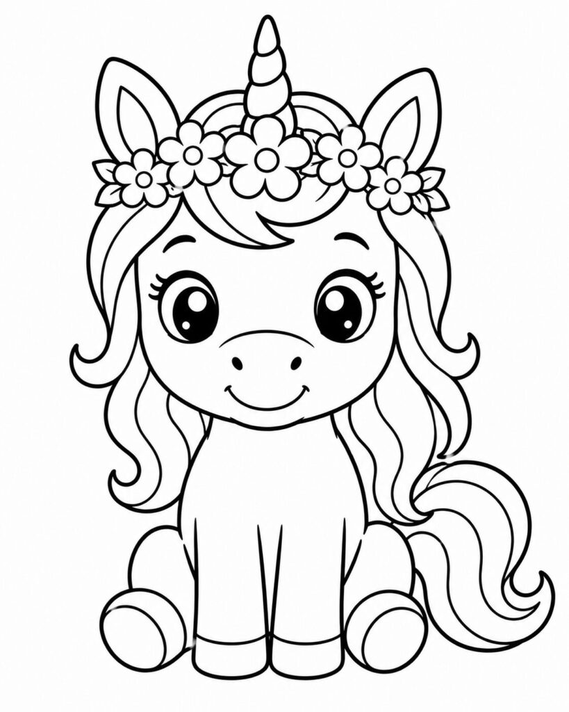 Einhorn mit Blumenkranz im Haar – Ausmalbild zum Ausdrucken
