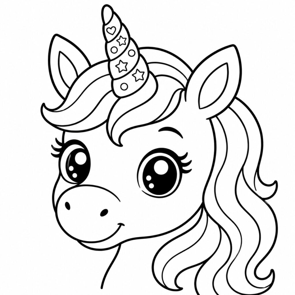 Einhorn-Porträt von vorne – Ausmalbild zum Ausdrucken