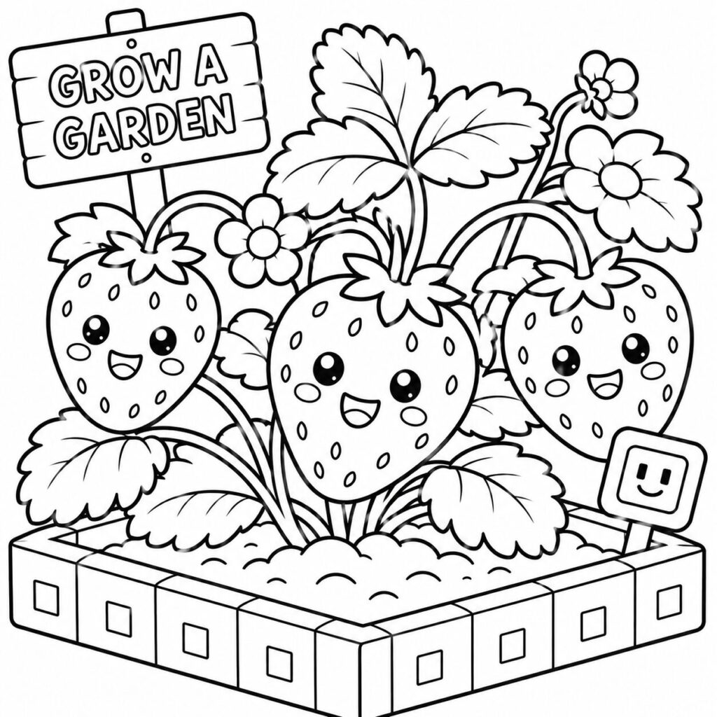 Grow a Garden Erdbeerbeet – Ausmalbild zum Ausdrucken