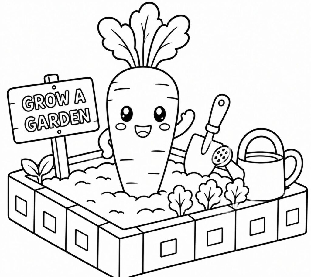 Grow a Garden Karotte – Ausmalbild zum Ausdrucken