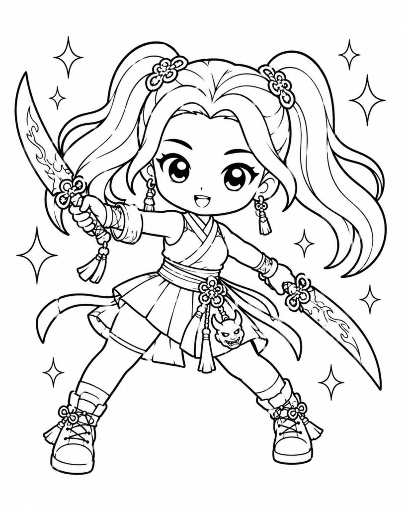 KPop Demon Hunters Chibi-Kriegerin – Ausmalbild zum Ausdrucken