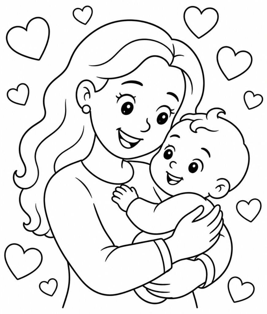 Mama mit Baby und Herzen – Ausmalbild zum Ausdrucken