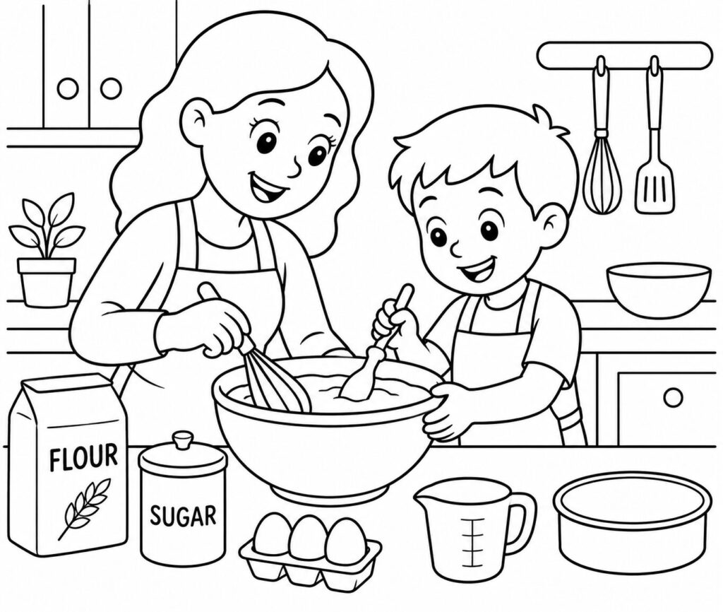 Mama und Kind backen – Ausmalbild zum Ausdrucken