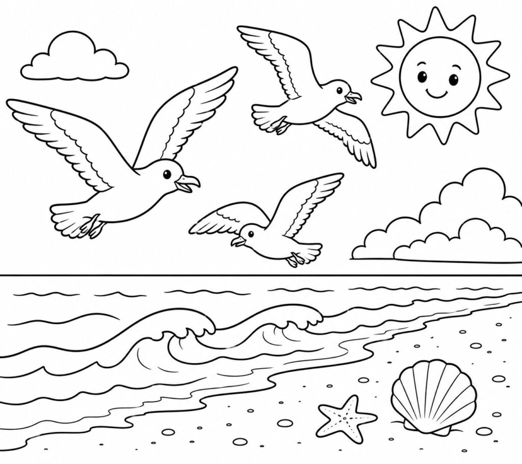 Möwen am Strand – Ausmalbild zum Ausdrucken