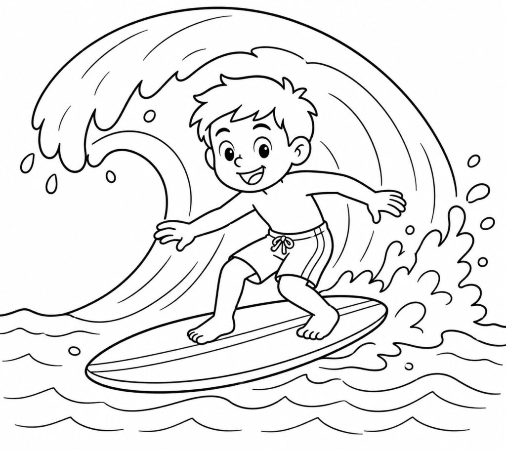 Surfen auf der Welle – Ausmalbild zum Ausdrucken