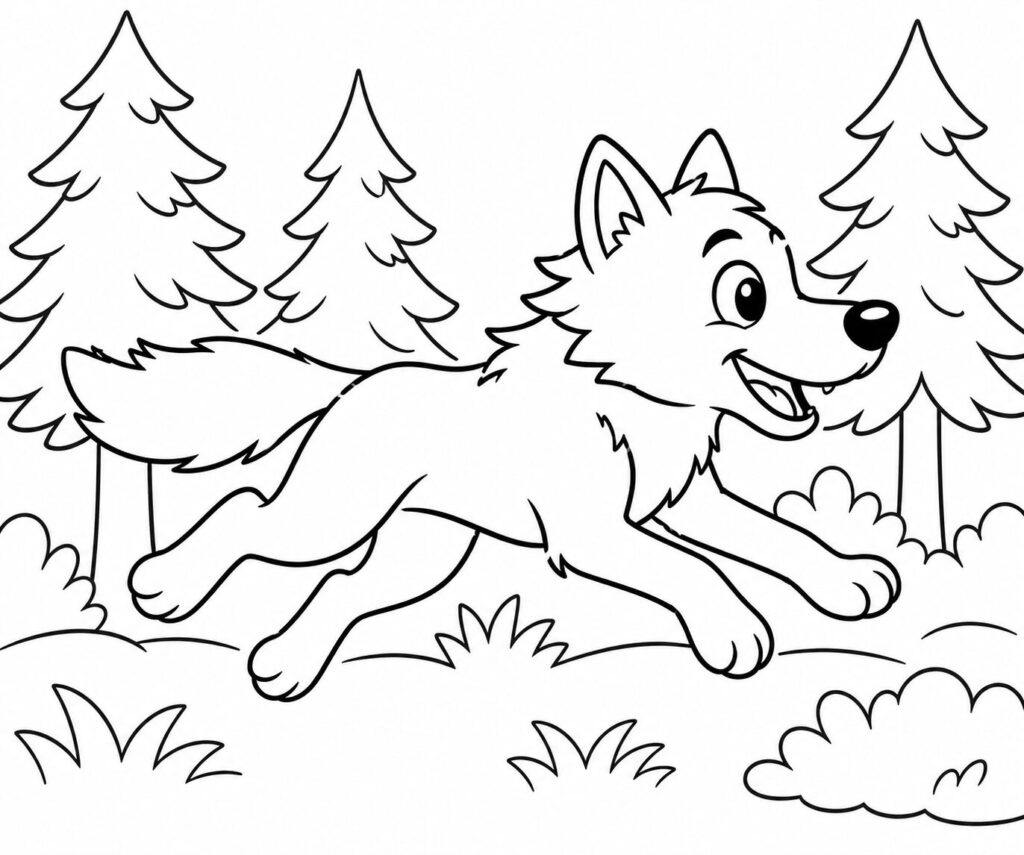 Wolf rennt durch den Wald – Ausmalbild zum Ausdrucken