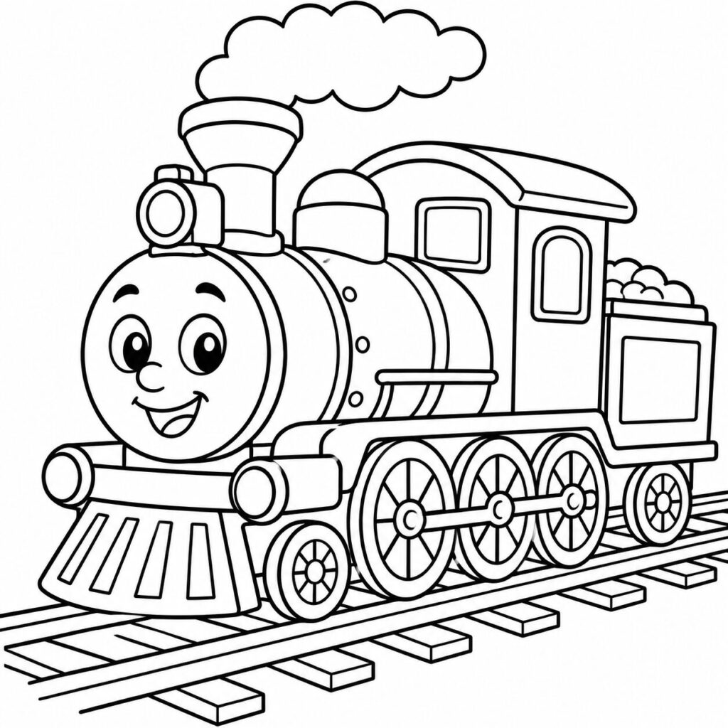 Dampflokomotive auf den Gleisen – Ausmalbild zum Ausdrucken