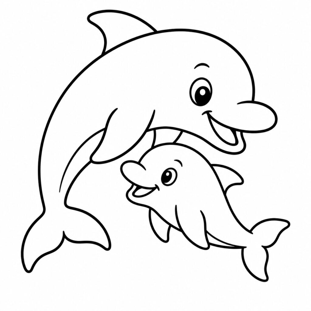 Delfinfamilie im Meer – Ausmalbild zum Ausdrucken