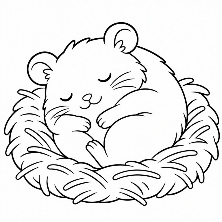 Schlafender Hamster im Nest – Ausmalbild zum Ausdrucken