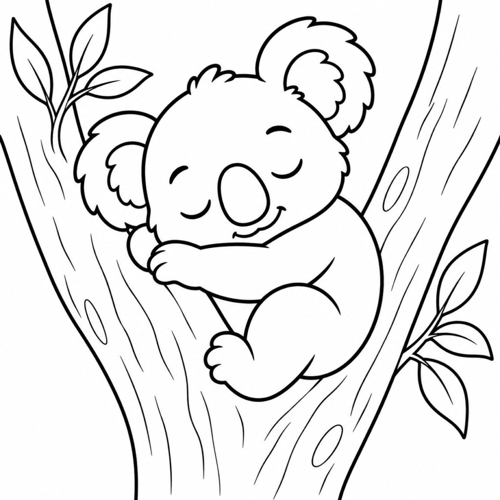 Schlafender Koala im Baum – Ausmalbild zum Ausdrucken