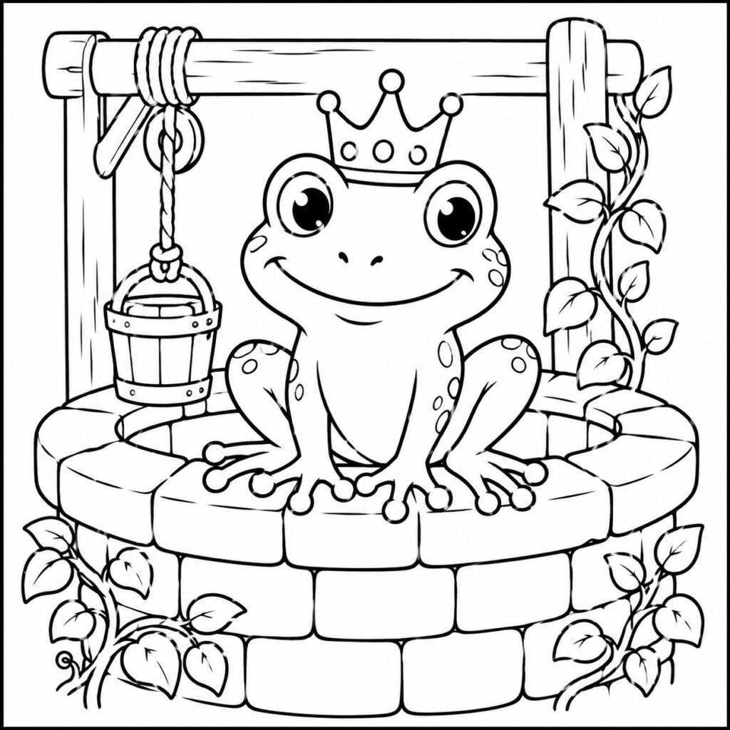 Froschkönig am Brunnen – Ausmalbild zum Ausdrucken