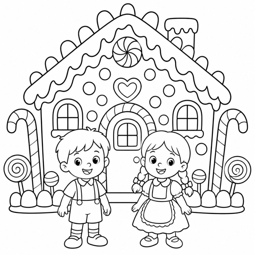 Hänsel und Gretel am Hexenhaus – Ausmalbild zum Ausdrucken