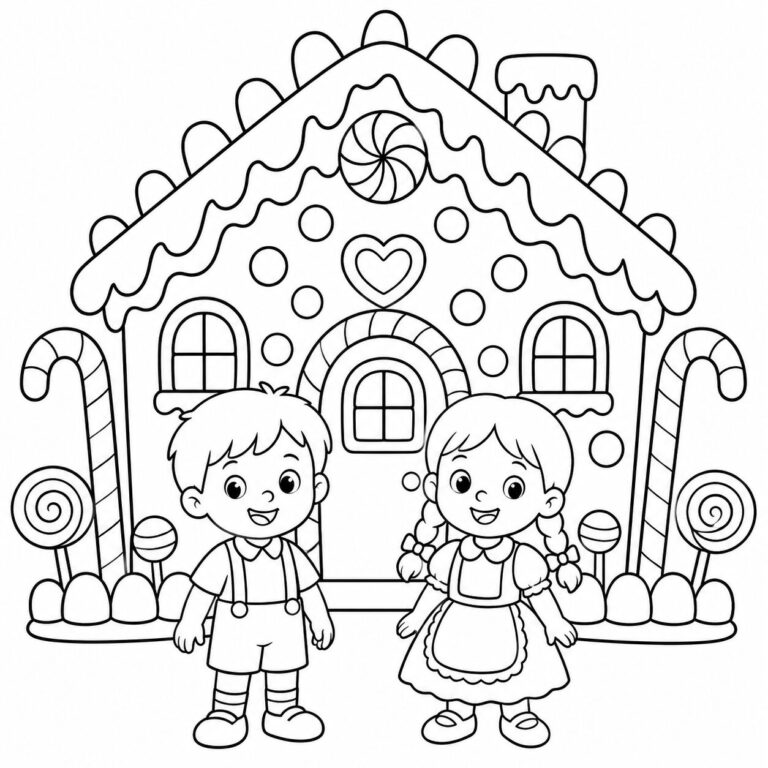 Hänsel und Gretel am Hexenhaus – Ausmalbild zum Ausdrucken