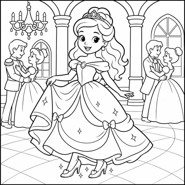 Prinzessin im Ballkleid – Ausmalbild zum Ausdrucken