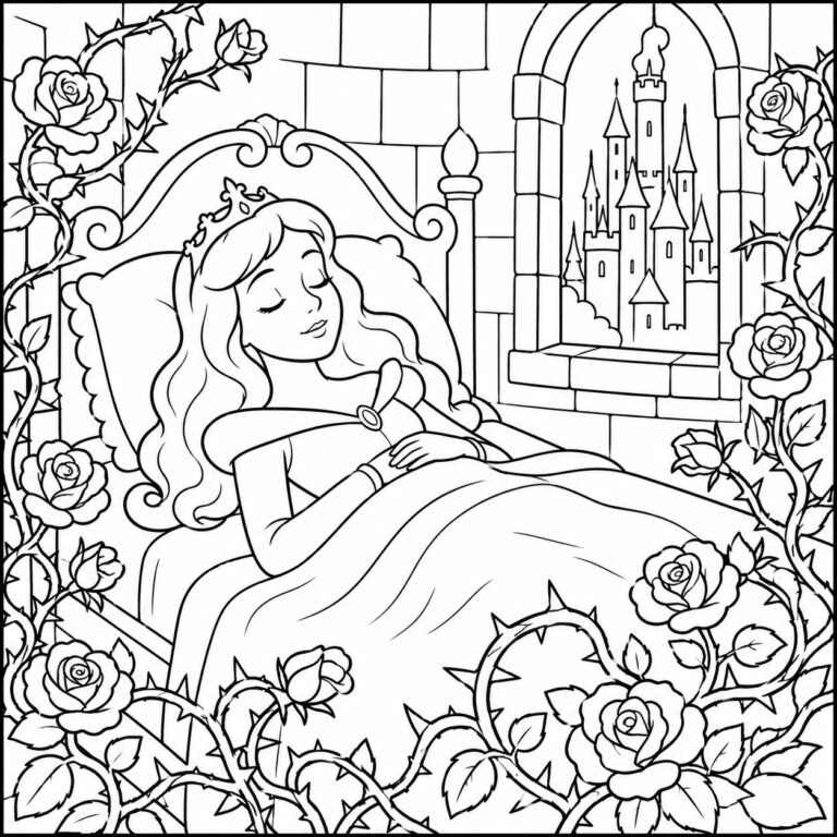 Schlafende Prinzessin im Schloss – Ausmalbild zum Ausdrucken