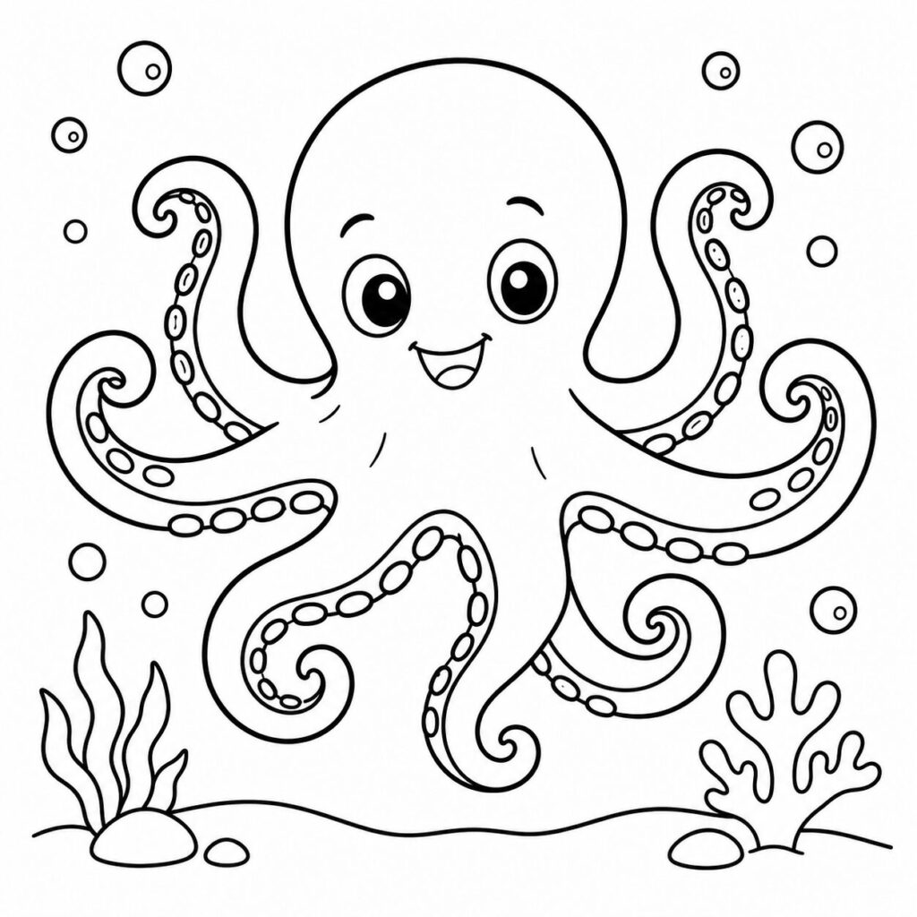 Oktopus mit langen Tentakeln – Ausmalbild zum Ausdrucken