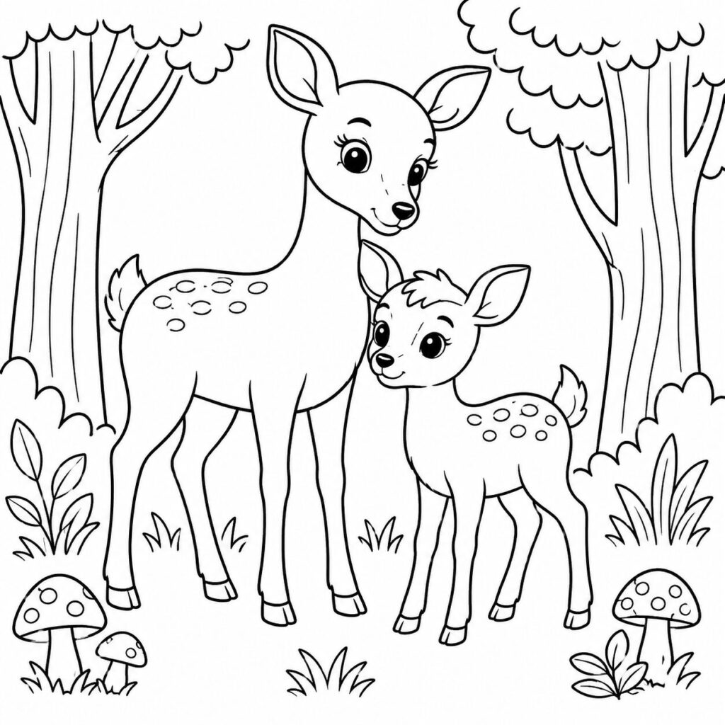 Reh mit Kitz im Wald – Ausmalbild zum Ausdrucken