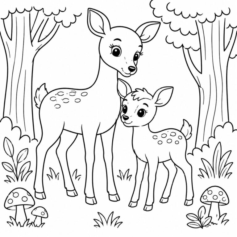 Reh mit Kitz im Wald – Ausmalbild zum Ausdrucken