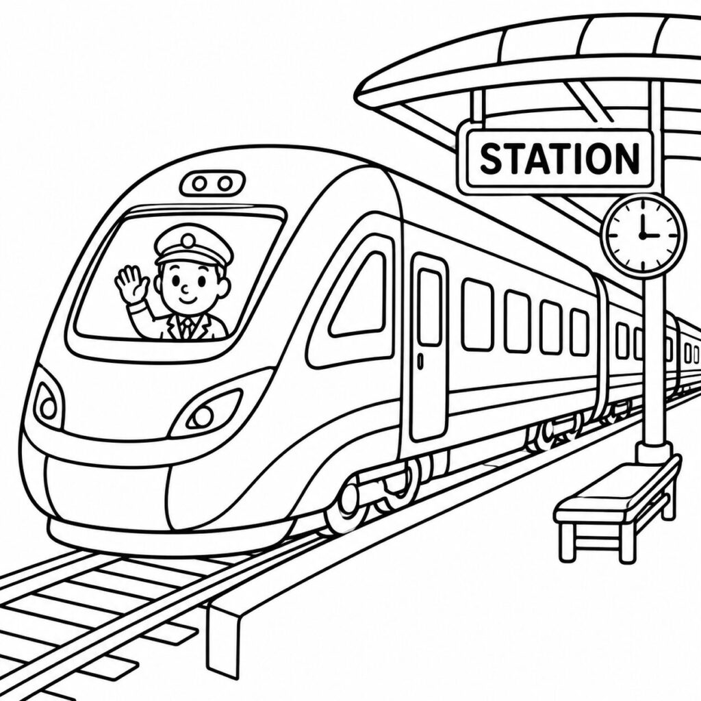 Reisezug im Bahnhof – Ausmalbild zum Ausdrucken