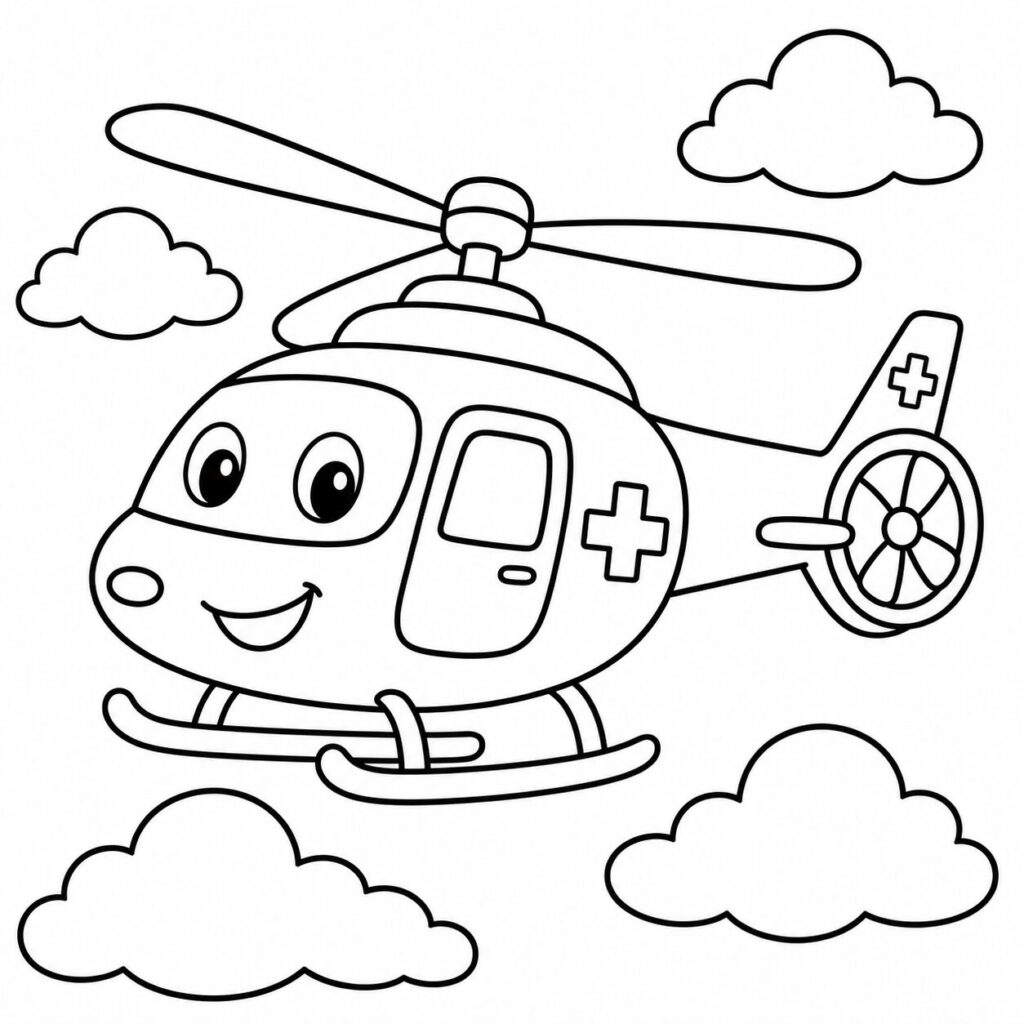 Rettungshubschrauber mit rotem Kreuz – Ausmalbild zum Ausdrucken