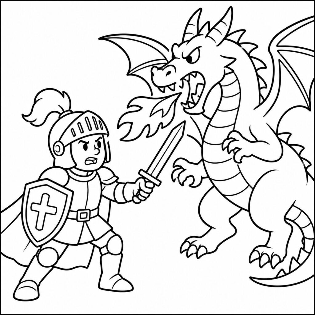 Ritter kämpft gegen den Drachen – Ausmalbild zum Ausdrucken
