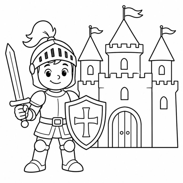 Ritter mit Schild vor Burg – Ausmalbild zum Ausdrucken