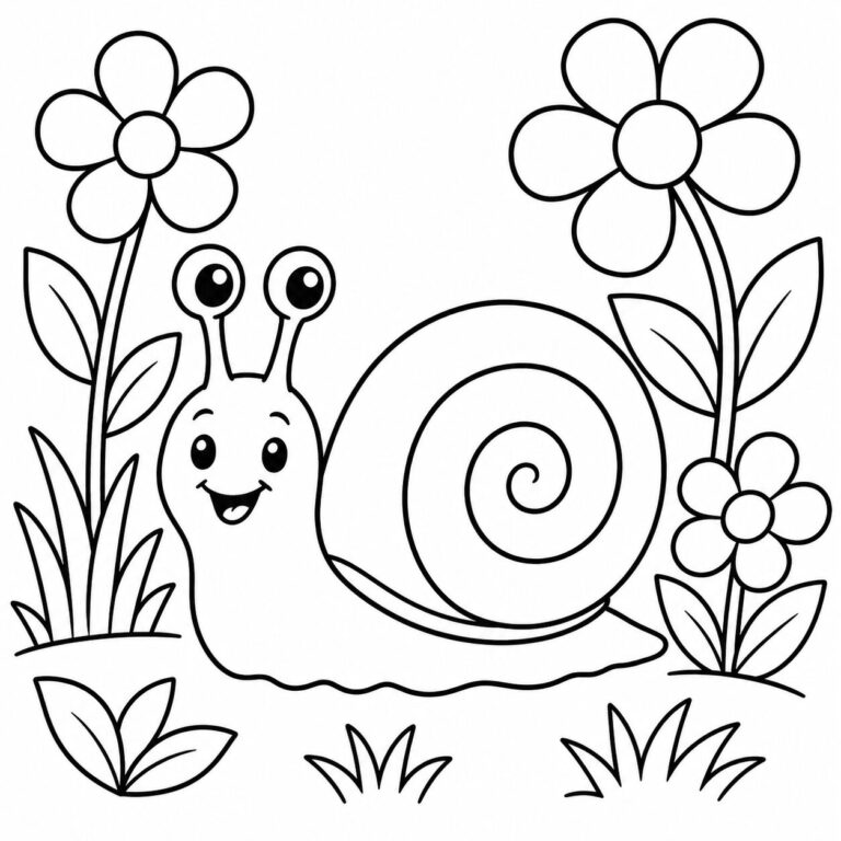 Schnecke im Blumengarten – Ausmalbild zum Ausdrucken